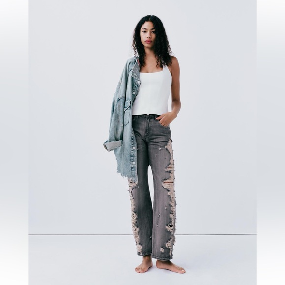 NWT ZARA SS24 TRF MID-RISE WIDE LEG RIPPED JEANS 6688/248 012/298 - Picture 5 of 13